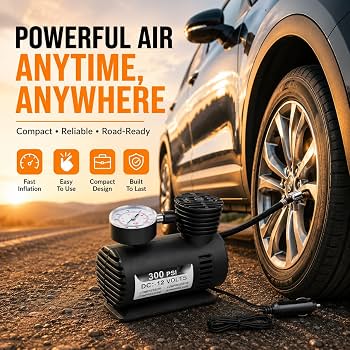 Mini Air Compressor 12V Car Tire Inflator Portable Electric Air Pump for Auto, SUV & Motorcycle