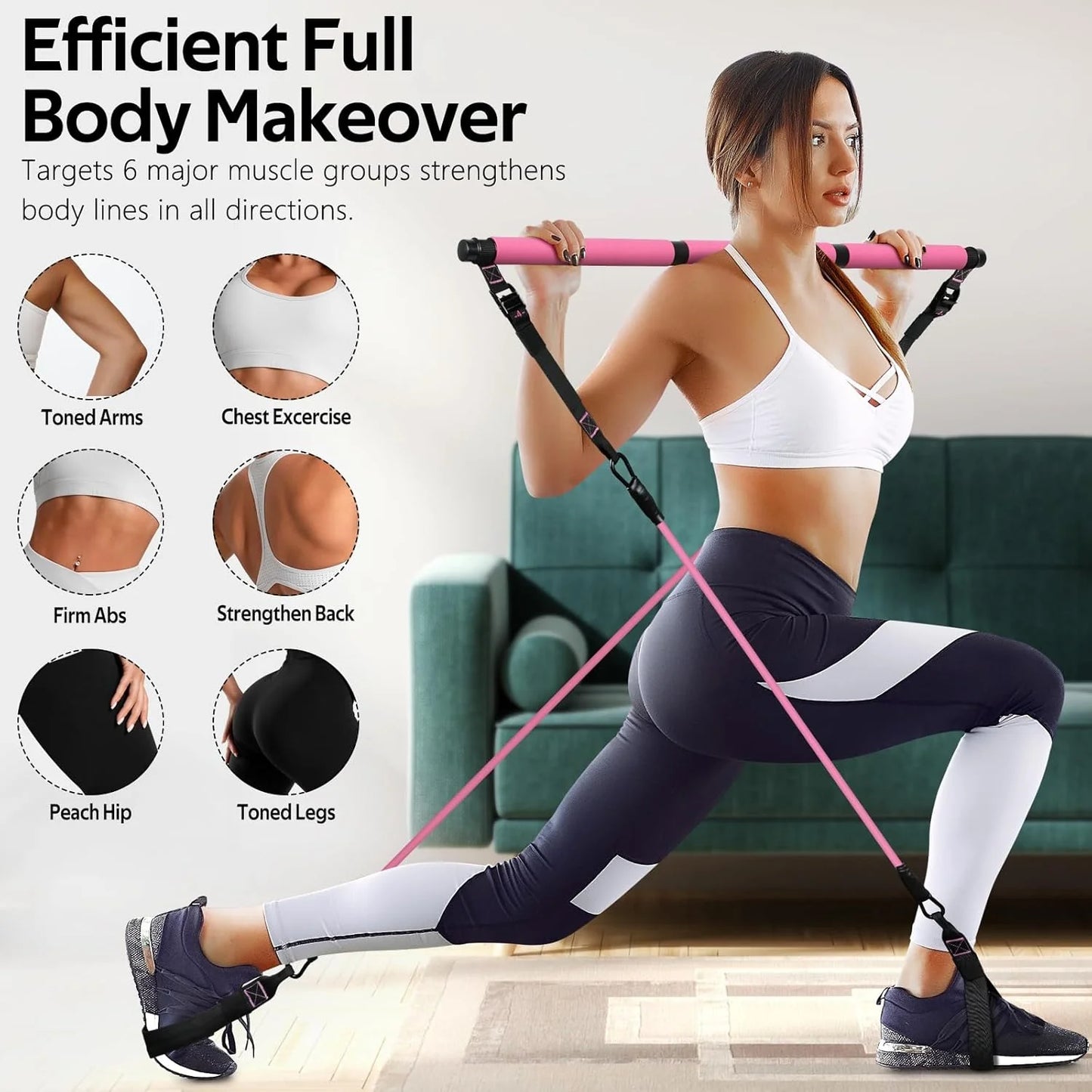 Portable Pilates Gym Workout Set with Resistance Bands & Adjustable Exercise Stick – Home Fitness Training Equipment