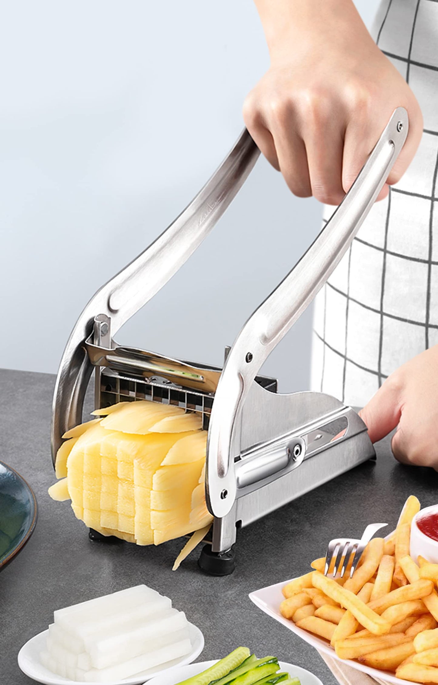 French Fry Cutter with 2 Blades | Stainless Steel Potato Slicer & Professional French Fries Cutter | Manual Potato Cutting Machine