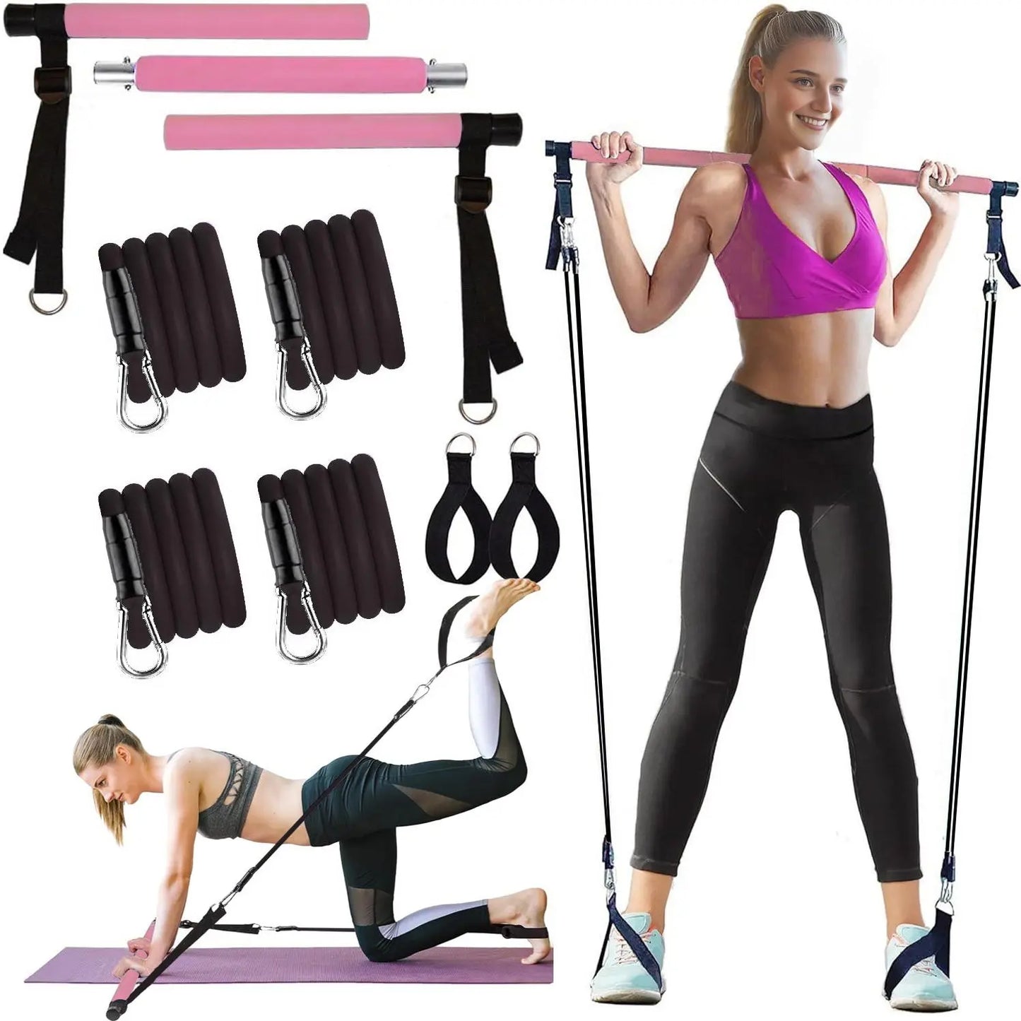 Portable Pilates Gym Workout Set with Resistance Bands & Adjustable Exercise Stick – Home Fitness Training Equipment