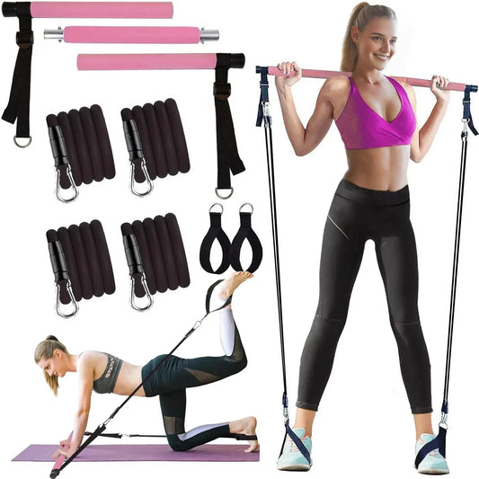 Portable Pilates Gym Workout Set with Resistance Bands & Adjustable Exercise Stick – Home Fitness Training Equipment
