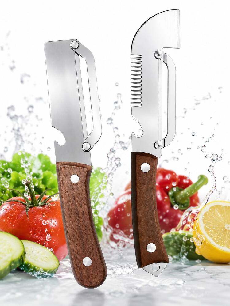 3-in-1 Vegetable Peeler Set with Wooden Handle & Stainless Steel Blades | Multifunctional Kitchen Peeler, Slicer & Cutter