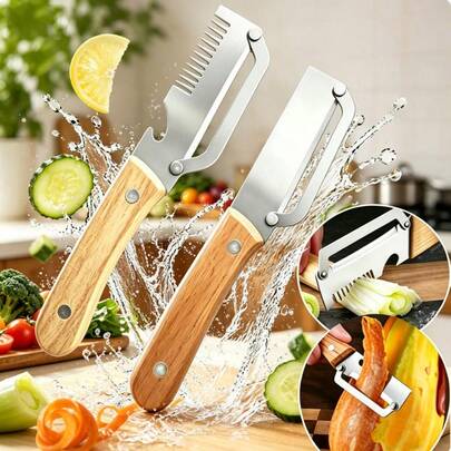 3-in-1 Vegetable Peeler Set with Wooden Handle & Stainless Steel Blades | Multifunctional Kitchen Peeler, Slicer & Cutter