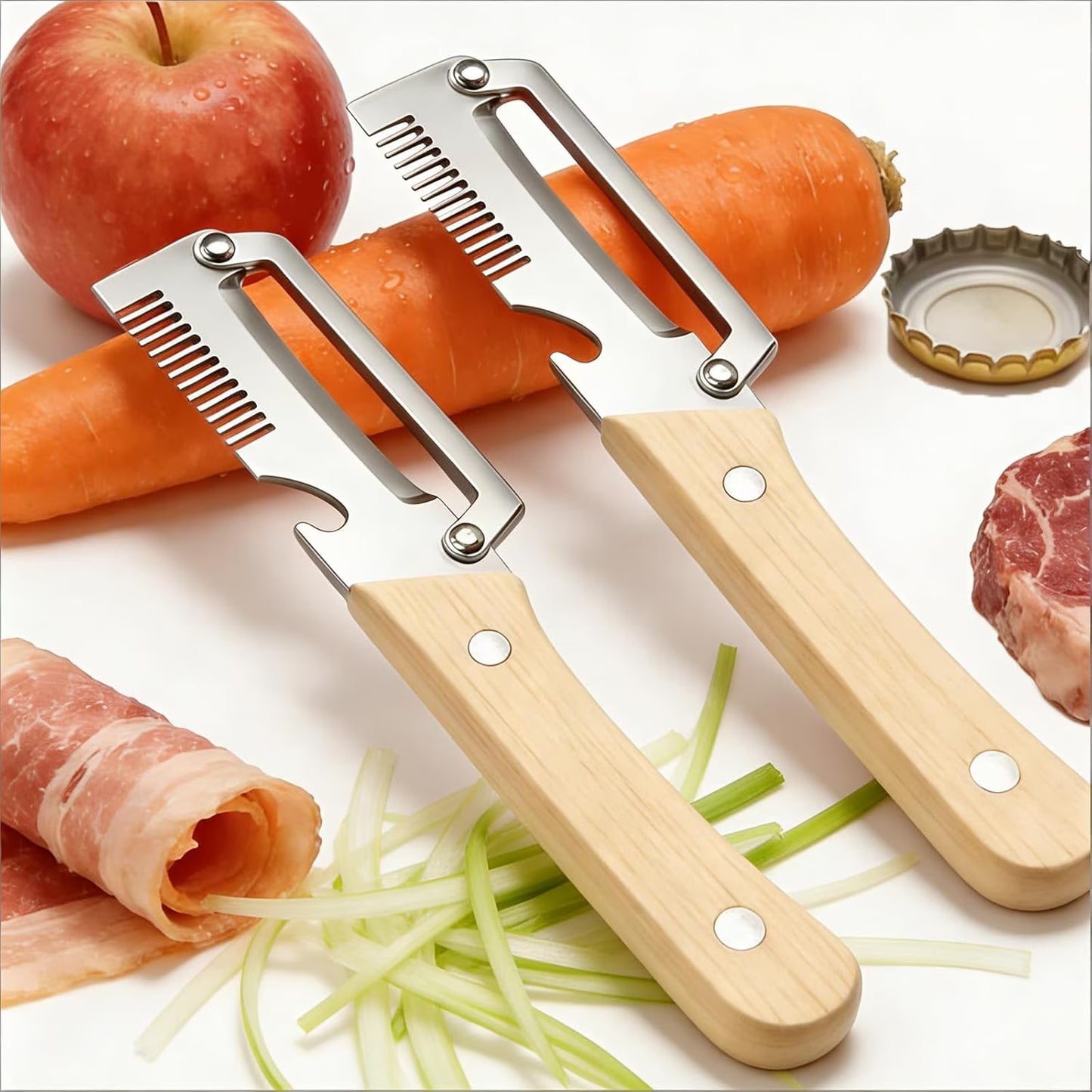 3-in-1 Vegetable Peeler Set with Wooden Handle & Stainless Steel Blades | Multifunctional Kitchen Peeler, Slicer & Cutter