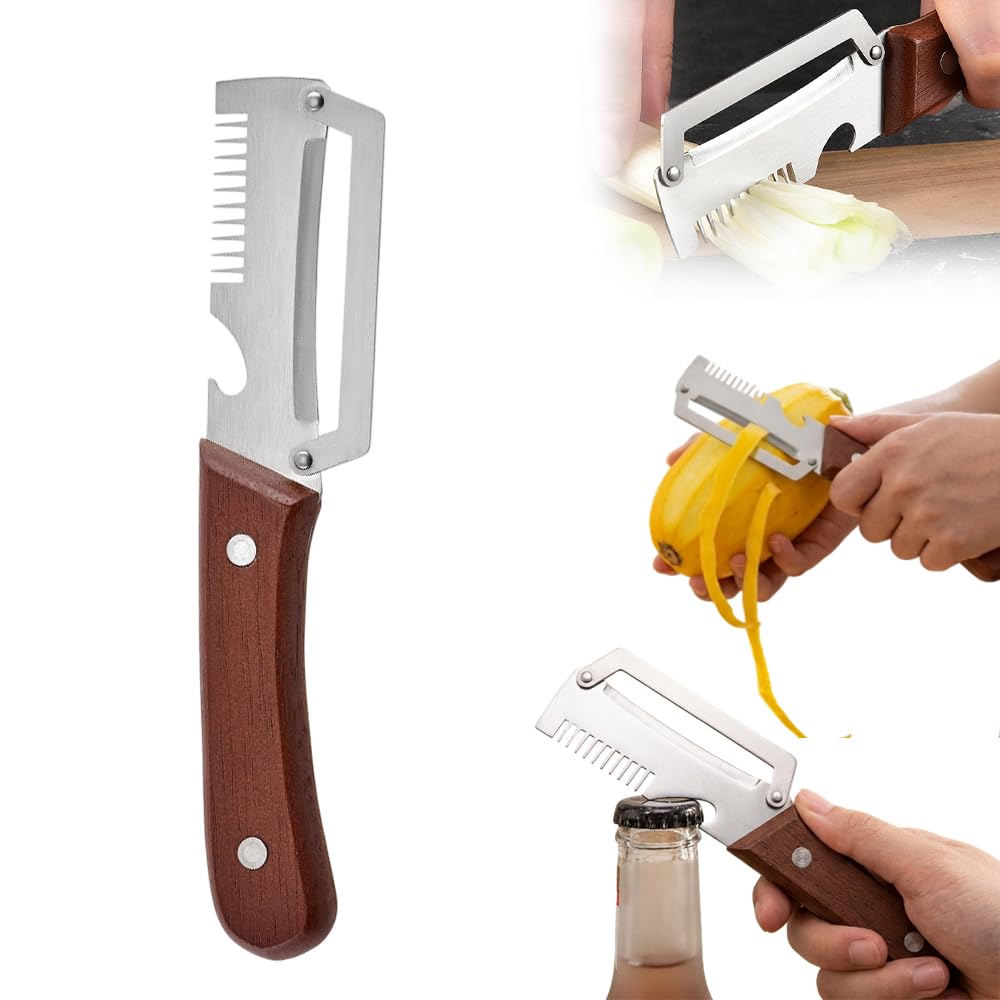 3-in-1 Vegetable Peeler Set with Wooden Handle & Stainless Steel Blades | Multifunctional Kitchen Peeler, Slicer & Cutter