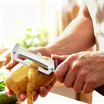 3-in-1 Vegetable Peeler Set with Wooden Handle & Stainless Steel Blades | Multifunctional Kitchen Peeler, Slicer & Cutter