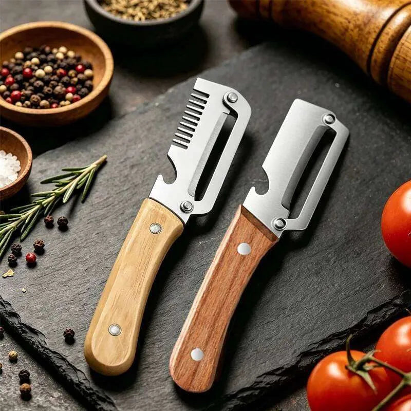 3-in-1 Vegetable Peeler Set with Wooden Handle & Stainless Steel Blades | Multifunctional Kitchen Peeler, Slicer & Cutter