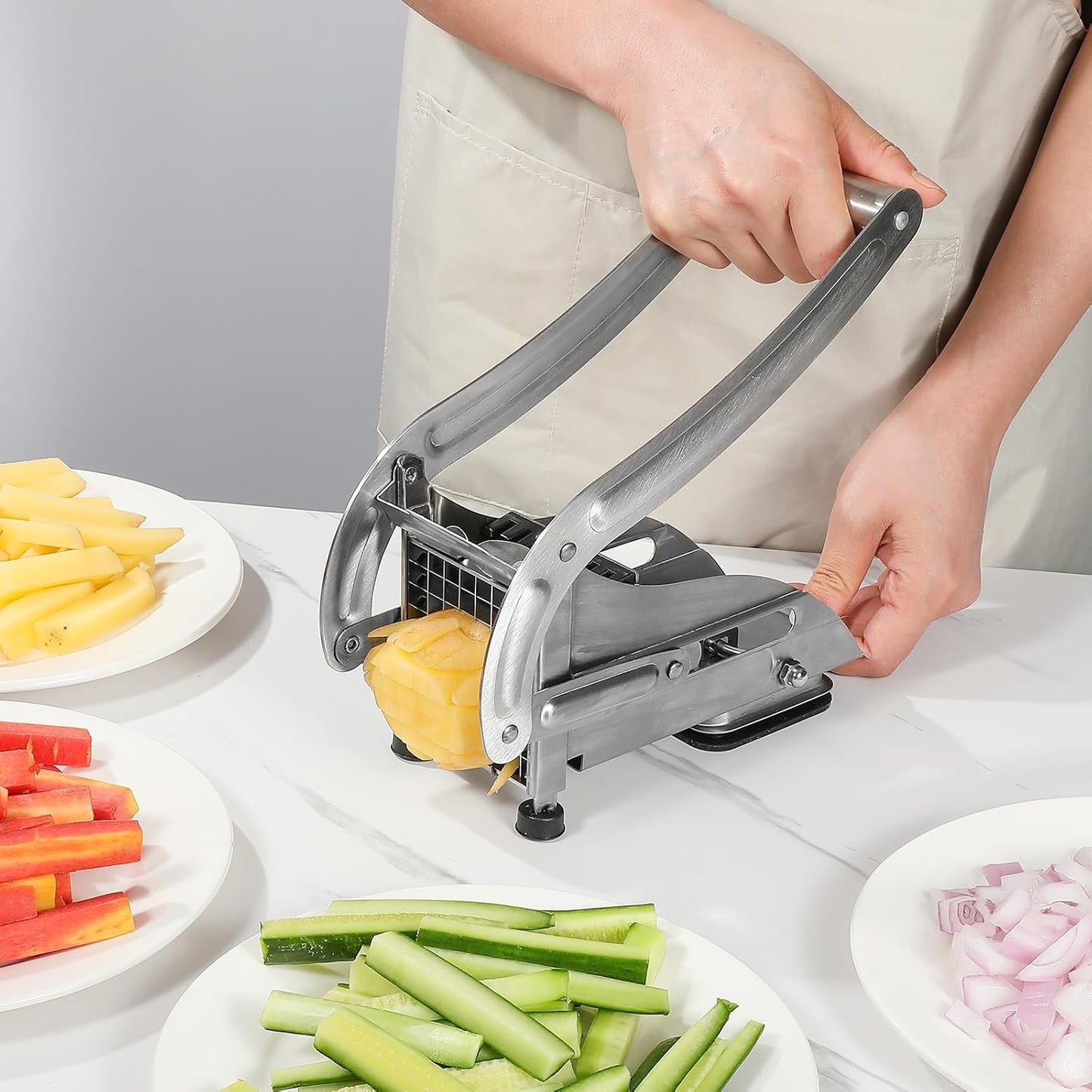 French Fry Cutter with 2 Blades | Stainless Steel Potato Slicer & Professional French Fries Cutter | Manual Potato Cutting Machine