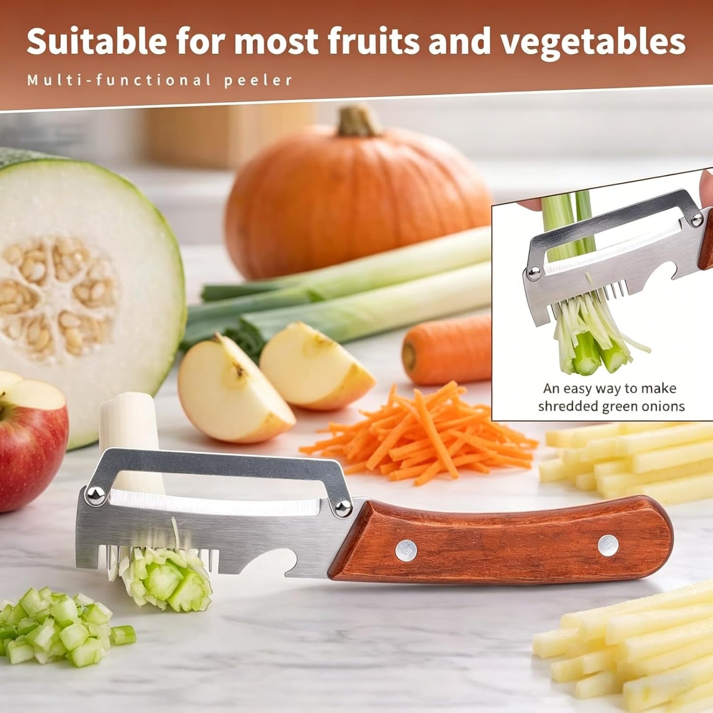 3-in-1 Vegetable Peeler Set with Wooden Handle & Stainless Steel Blades | Multifunctional Kitchen Peeler, Slicer & Cutter