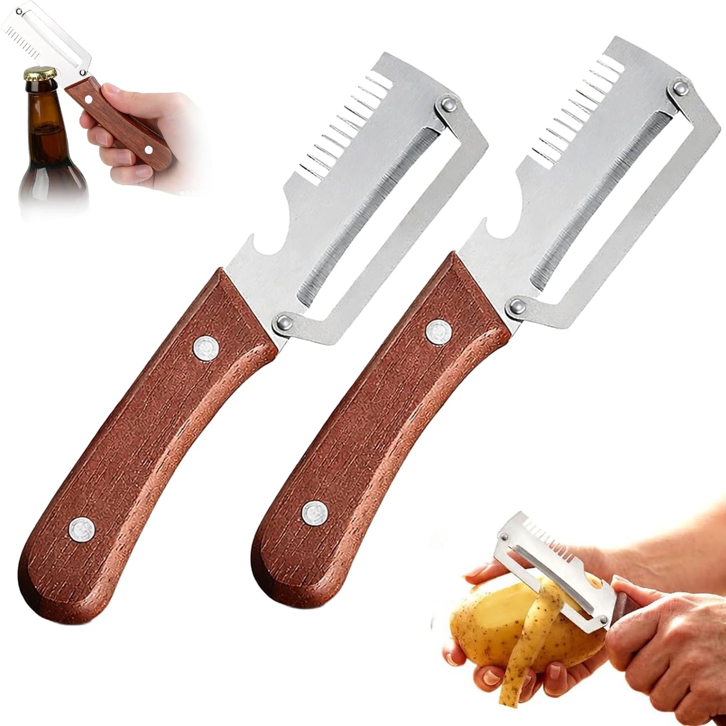 3-in-1 Vegetable Peeler Set with Wooden Handle & Stainless Steel Blades | Multifunctional Kitchen Peeler, Slicer & Cutter