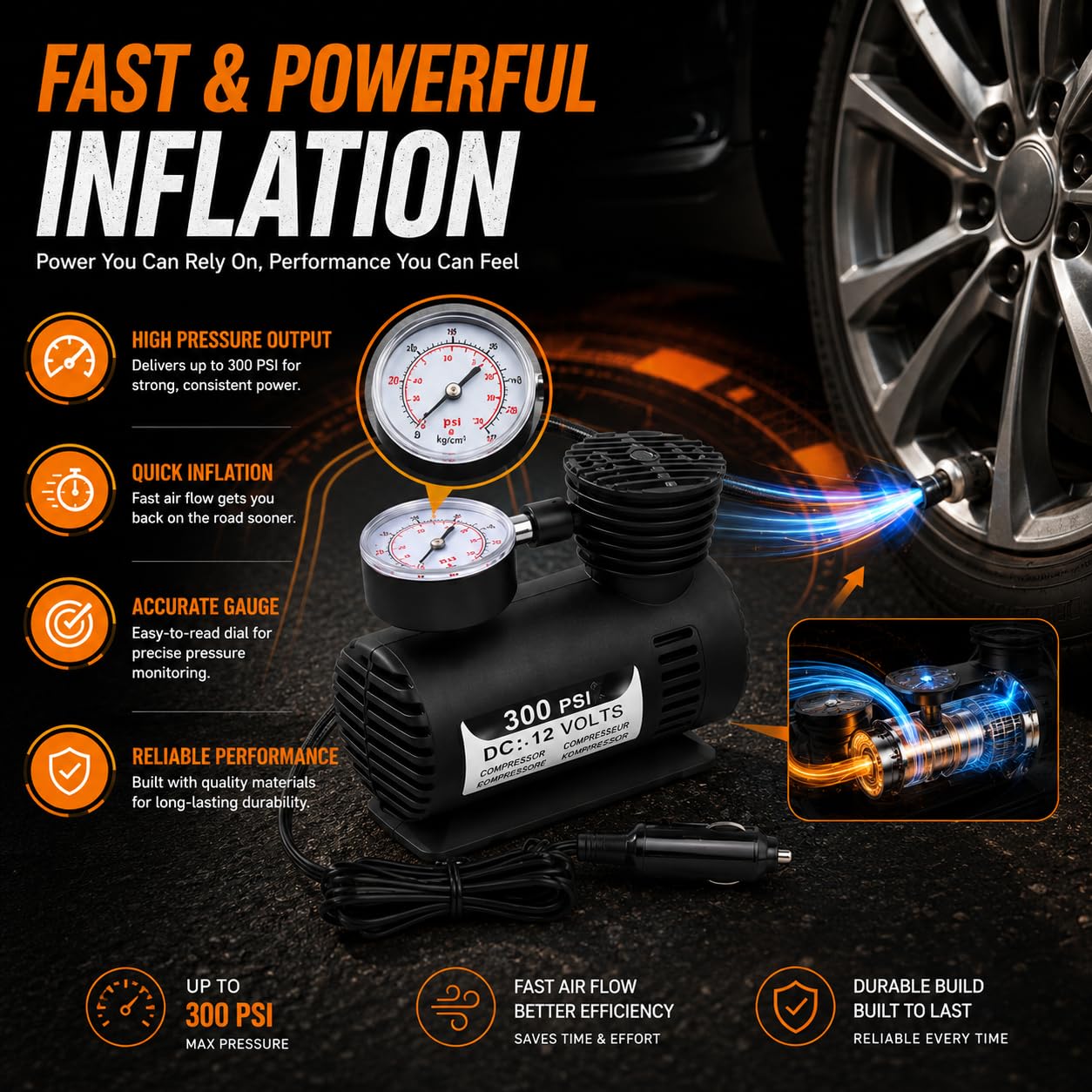 Mini Air Compressor 12V Car Tire Inflator Portable Electric Air Pump for Auto, SUV & Motorcycle