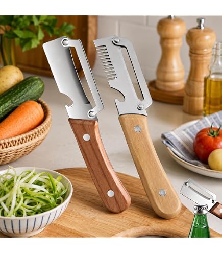 3-in-1 Vegetable Peeler Set with Wooden Handle & Stainless Steel Blades | Multifunctional Kitchen Peeler, Slicer & Cutter