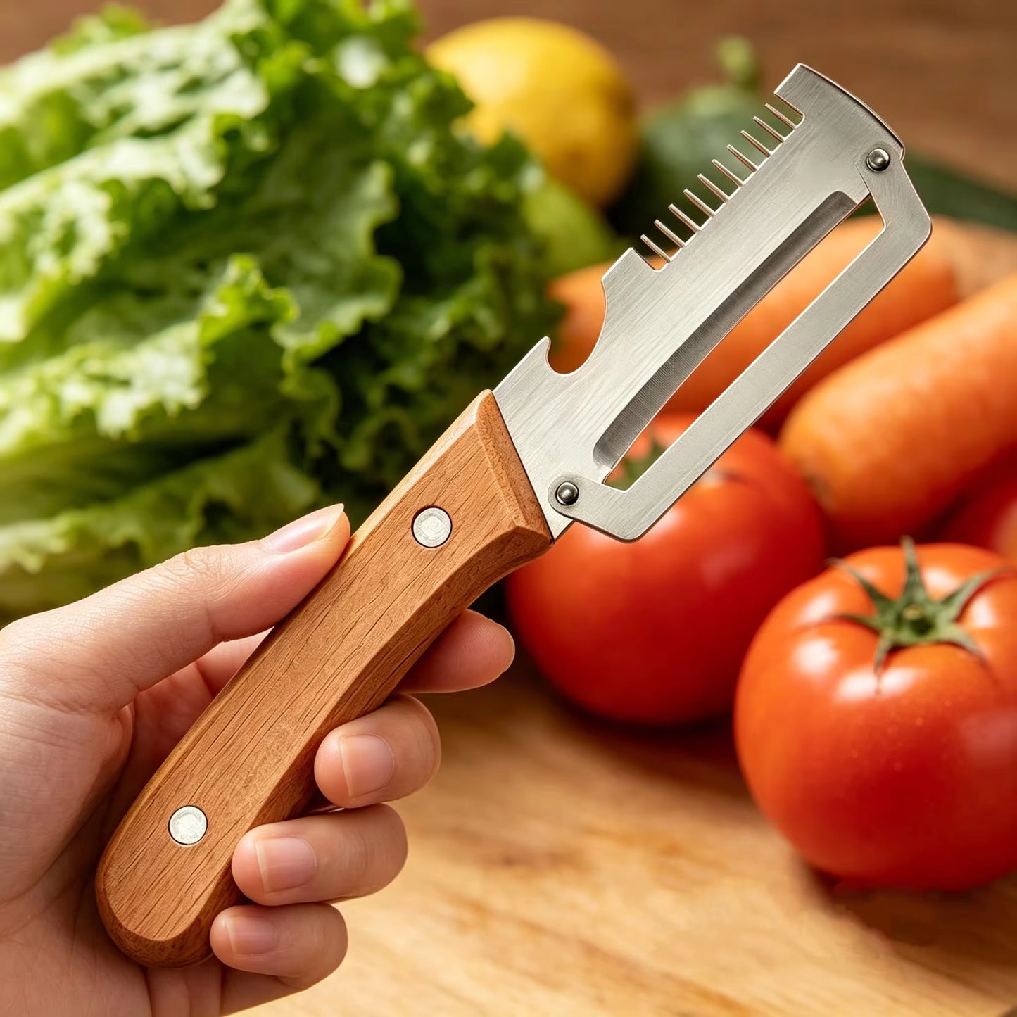 3-in-1 Vegetable Peeler Set with Wooden Handle & Stainless Steel Blades | Multifunctional Kitchen Peeler, Slicer & Cutter