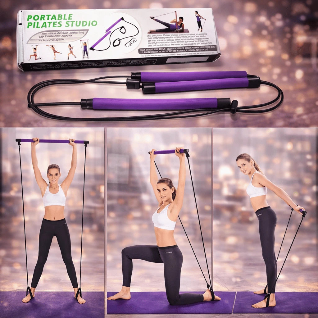 Portable Pilates Gym Workout Set with Resistance Bands & Adjustable Exercise Stick – Home Fitness Training Equipment